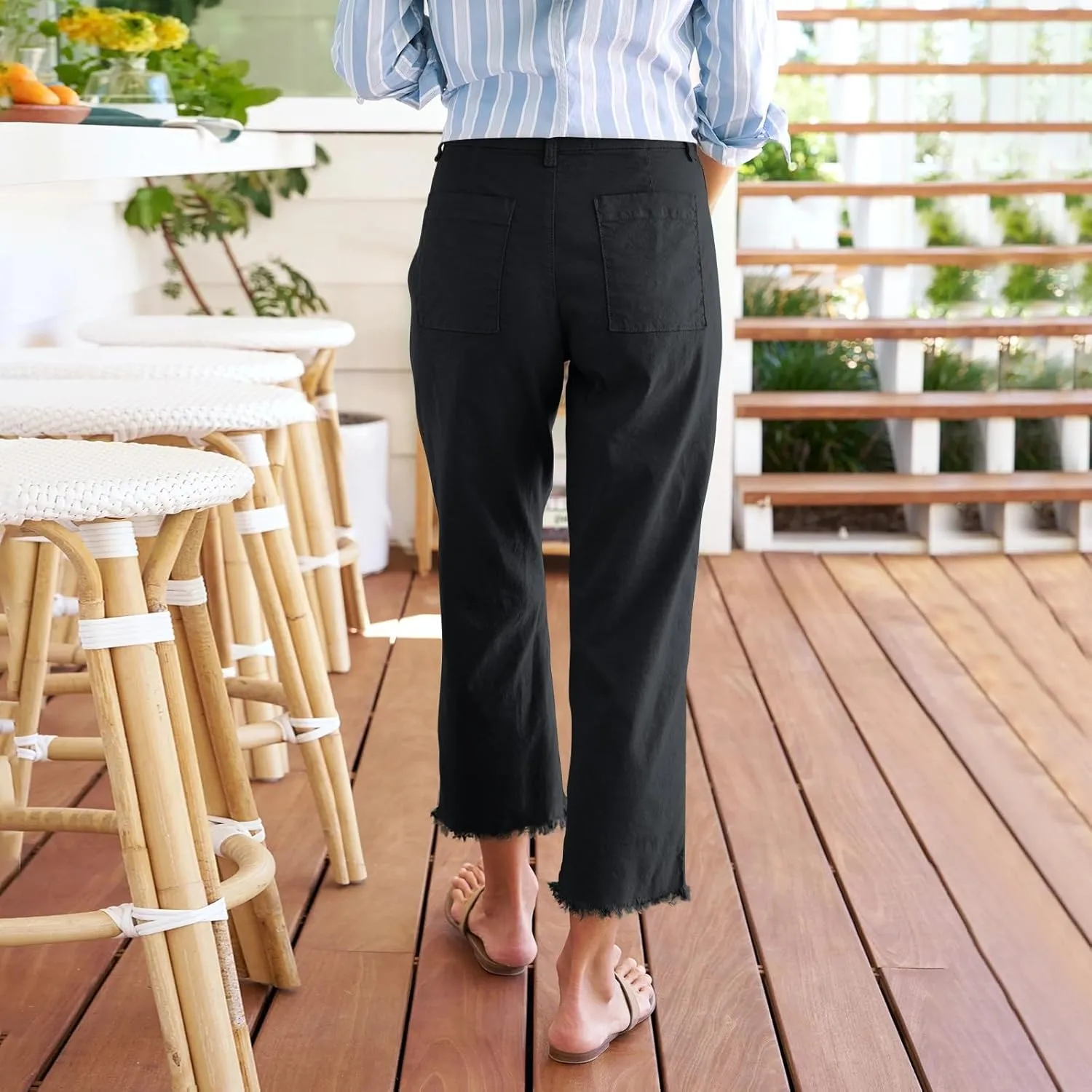 Cropped Linen Pants Women Straight Leg Pull On Work Pants Business Casual High Waisted Dress Pants Office Ankle Pants