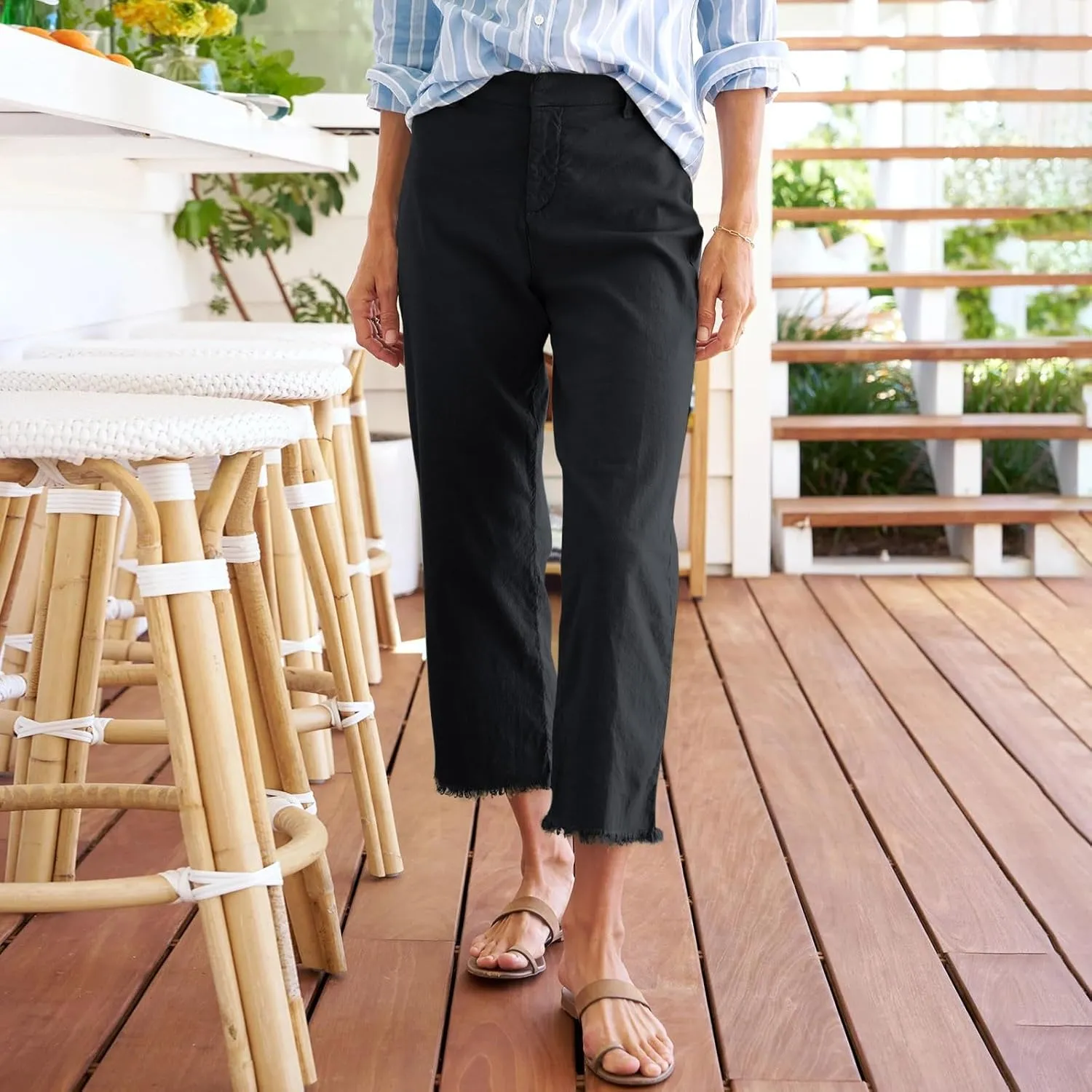Cropped Linen Pants Women Straight Leg Pull On Work Pants Business Casual High Waisted Dress Pants Office Ankle Pants
