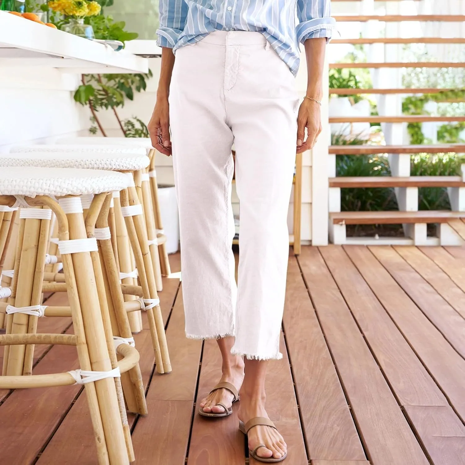 Cropped Linen Pants Women Straight Leg Pull On Work Pants Business Casual High Waisted Dress Pants Office Ankle Pants