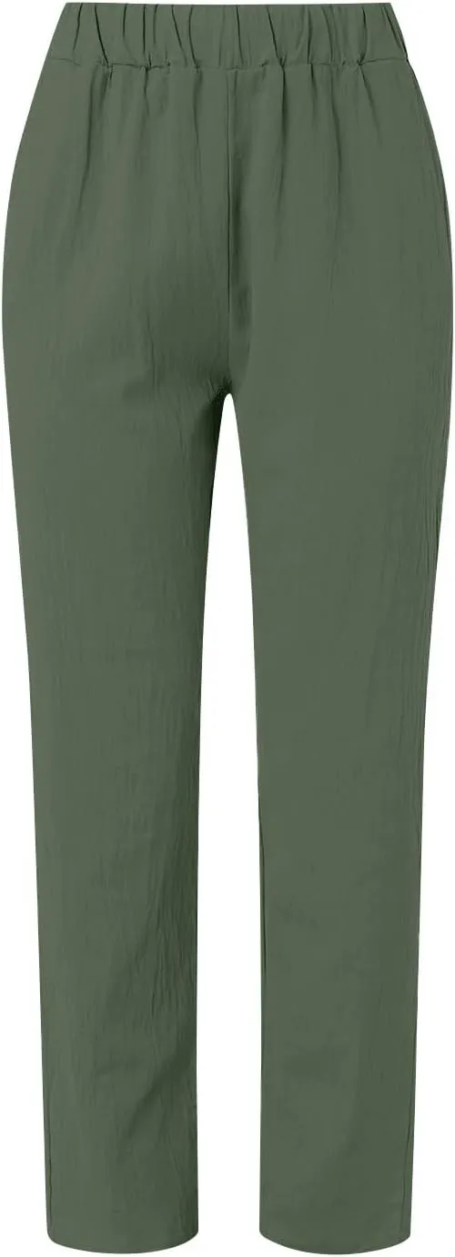 Cropped Linen Pants Women Summer Casual Elastic Waist Pants Baggy Wide Leg Crop Pants Side Button Down Capri Pants