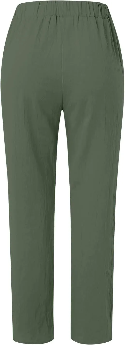 Cropped Linen Pants Women Summer Casual Elastic Waist Pants Baggy Wide Leg Crop Pants Side Button Down Capri Pants