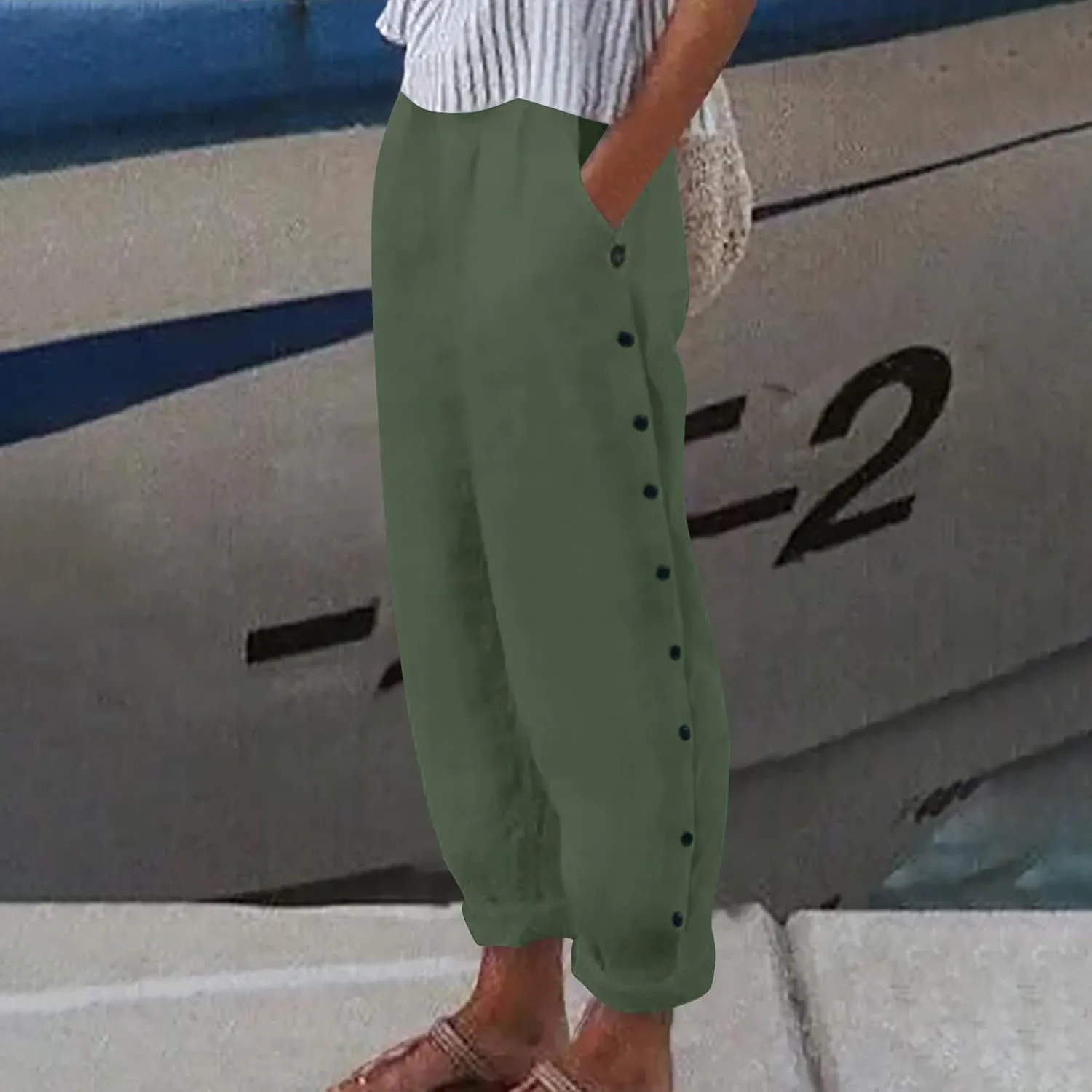Cropped Linen Pants Women Summer Casual Elastic Waist Pants Baggy Wide Leg Crop Pants Side Button Down Capri Pants