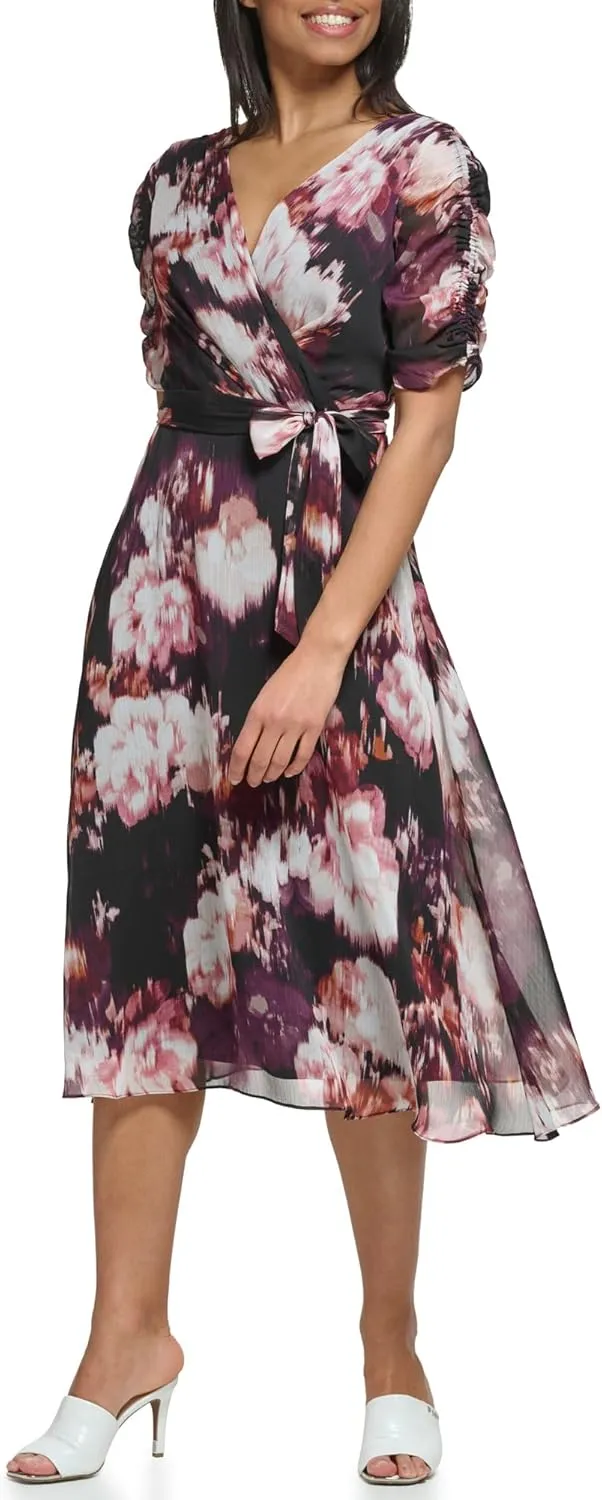 DKNY womens 3/4th Sleeve Faux Wrap Dress