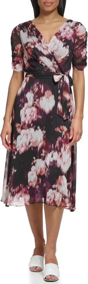 DKNY womens 3/4th Sleeve Faux Wrap Dress