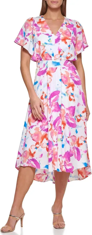 DKNY womens Cap Sleeve Faux Wrap Midi Dress