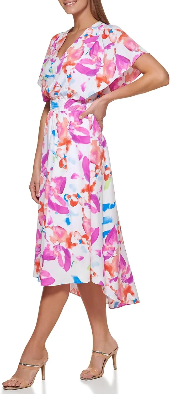 DKNY womens Cap Sleeve Faux Wrap Midi Dress