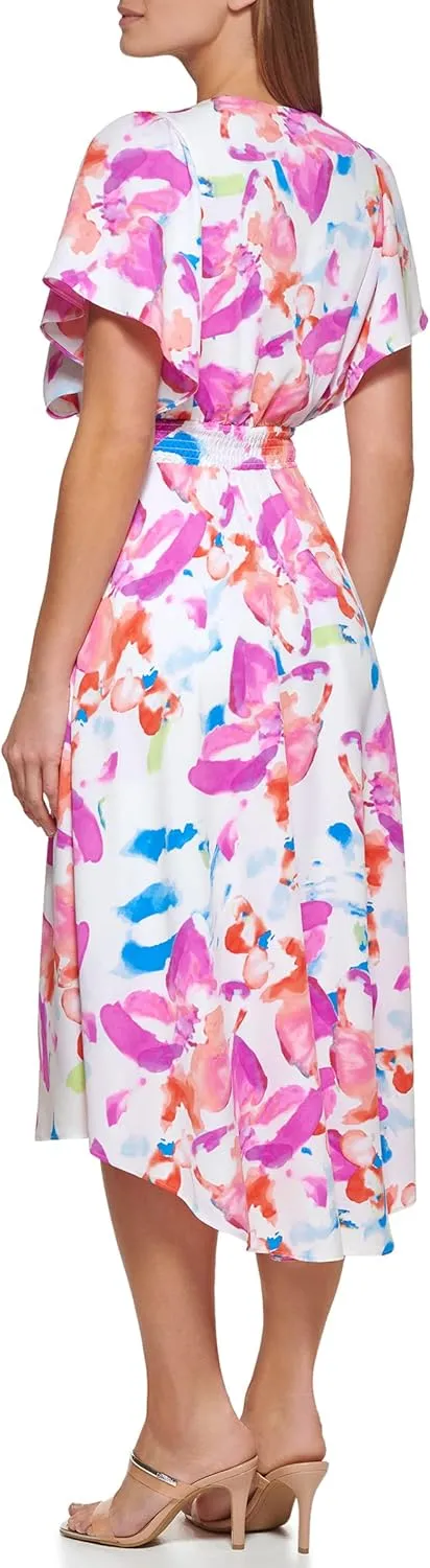 DKNY womens Cap Sleeve Faux Wrap Midi Dress
