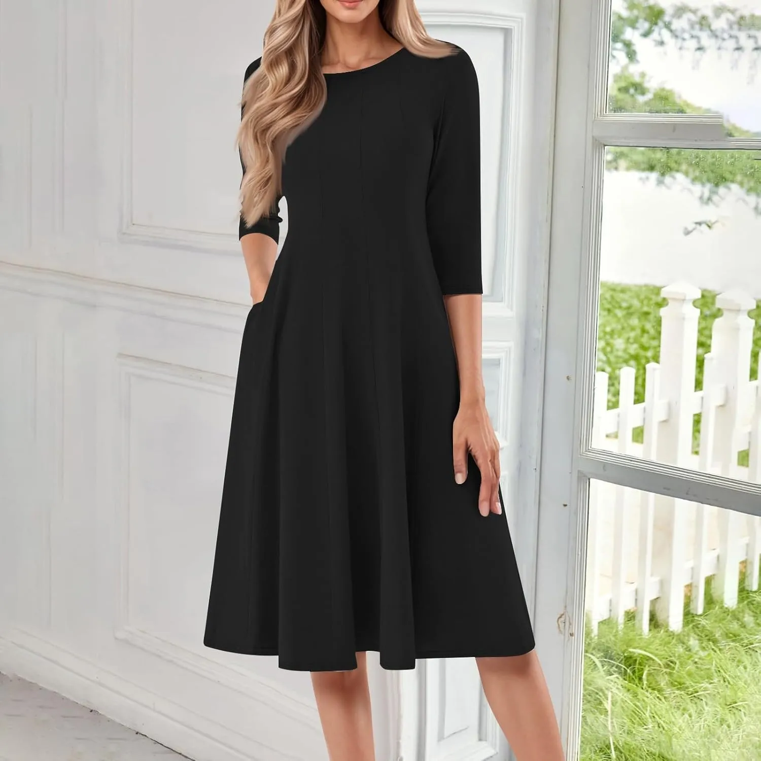 Dress for Women 3/4 Sleeve Spring Wrap Dress Solid Plain Ruched Midi Dresses Summer Crewneck Flowy Dresses with Pocket
