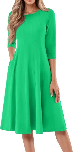 Dress for Women 3/4 Sleeve Spring Wrap Dress Solid Plain Ruched Midi Dresses Summer Crewneck Flowy Dresses with Pocket