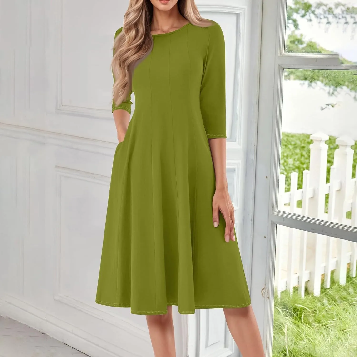 Dress for Women 3/4 Sleeve Spring Wrap Dress Solid Plain Ruched Midi Dresses Summer Crewneck Flowy Dresses with Pocket