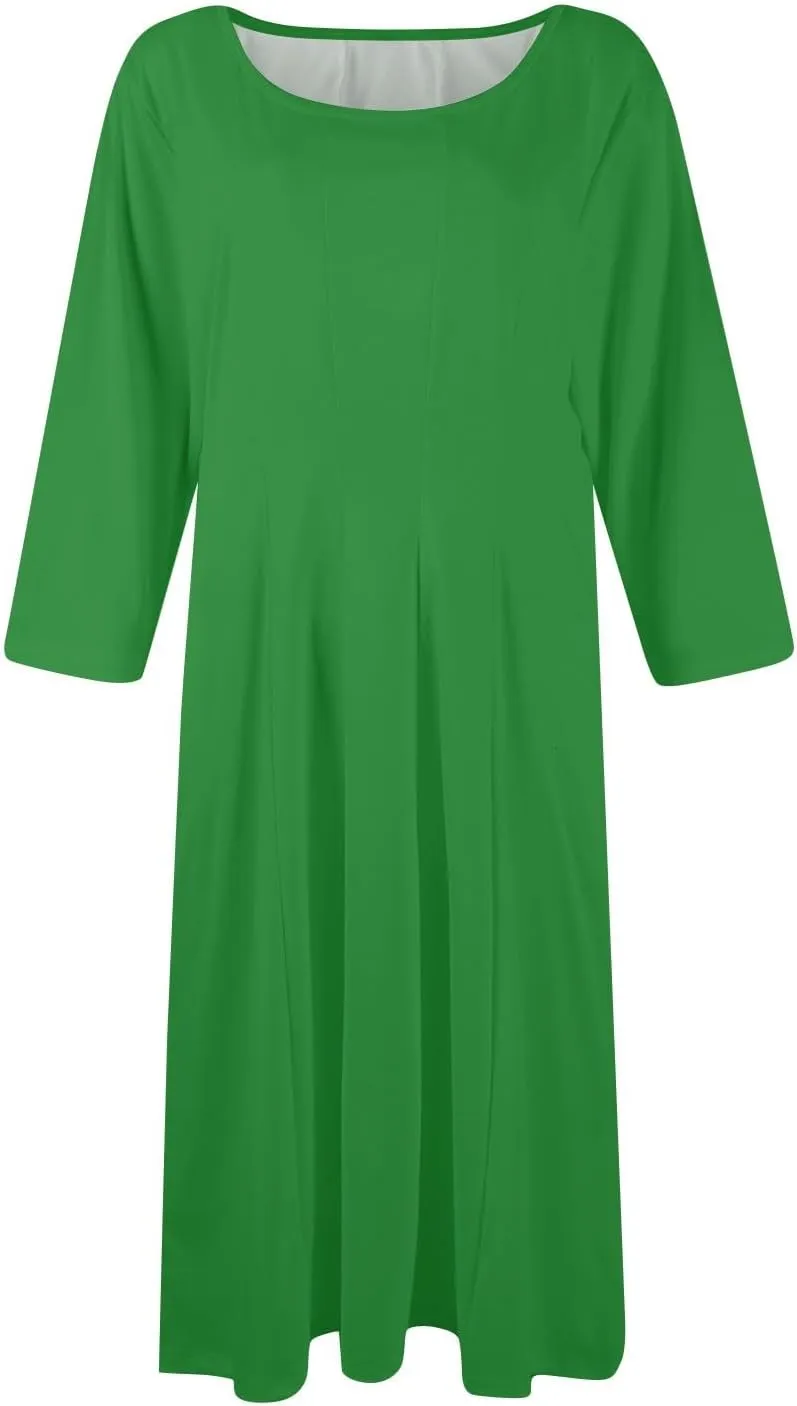 Dress for Women 3/4 Sleeve Spring Wrap Dress Solid Plain Ruched Midi Dresses Summer Crewneck Flowy Dresses with Pocket