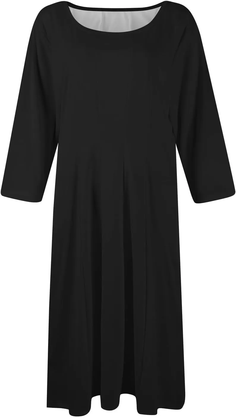 Dress for Women 3/4 Sleeve Spring Wrap Dress Solid Plain Ruched Midi Dresses Summer Crewneck Flowy Dresses with Pocket