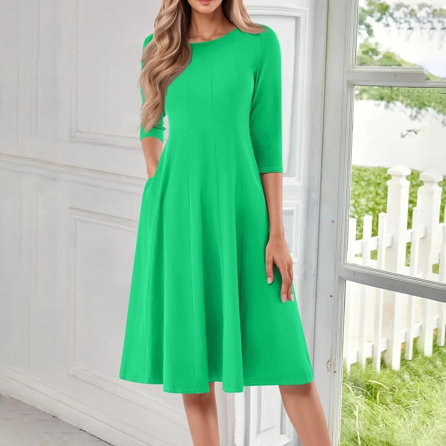 Dress for Women 3/4 Sleeve Spring Wrap Dress Solid Plain Ruched Midi Dresses Summer Crewneck Flowy Dresses with Pocket