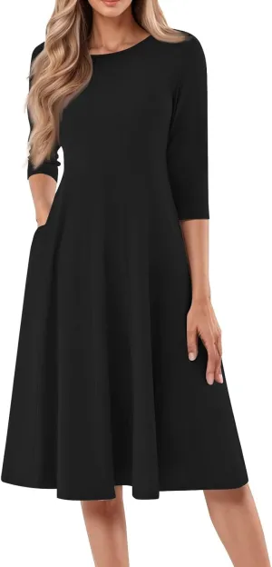 Dress for Women 3/4 Sleeve Spring Wrap Dress Solid Plain Ruched Midi Dresses Summer Crewneck Flowy Dresses with Pocket