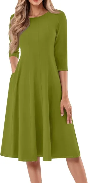 Dress for Women 3/4 Sleeve Spring Wrap Dress Solid Plain Ruched Midi Dresses Summer Crewneck Flowy Dresses with Pocket