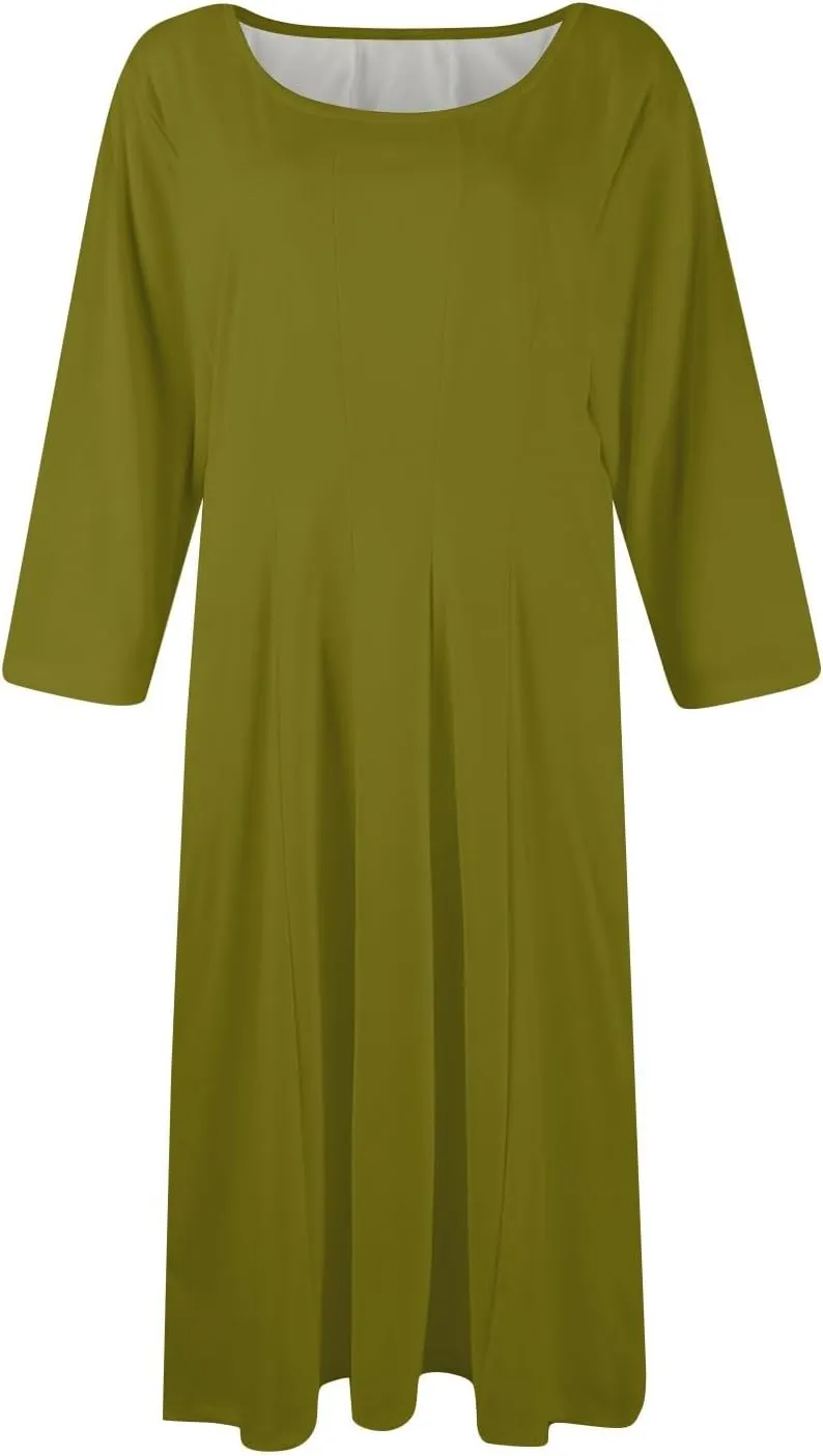 Dress for Women 3/4 Sleeve Spring Wrap Dress Solid Plain Ruched Midi Dresses Summer Crewneck Flowy Dresses with Pocket