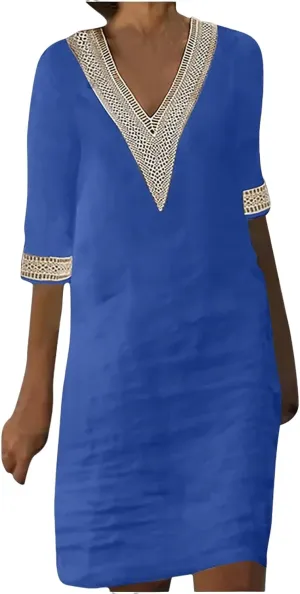 Dresses for Women 2025 Fashion Dressy Half Sleeve V Neck Midi Dresses Summer Cotton Linen Casual Trendy Dress
