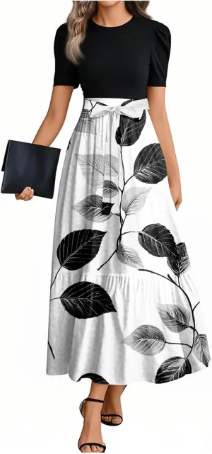 Dresses for Women 2025 Spring Maxi Dress Short Sleeve Crew Neck Empire Waist Dresses Tailored Fit Vacation Dress