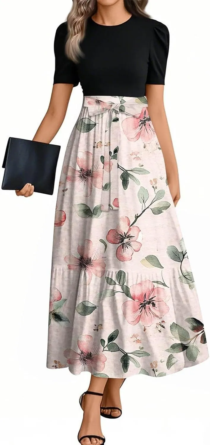 Dresses for Women 2025 Spring Maxi Dress Short Sleeve Crew Neck Empire Waist Dresses Tailored Fit Vacation Dress