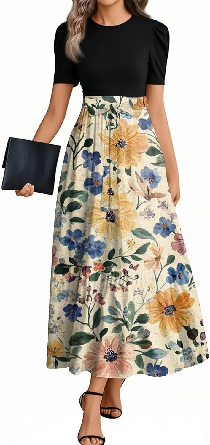 Dresses for Women 2025 Spring Maxi Dress Short Sleeve Crew Neck Empire Waist Dresses Tailored Fit Vacation Dress
