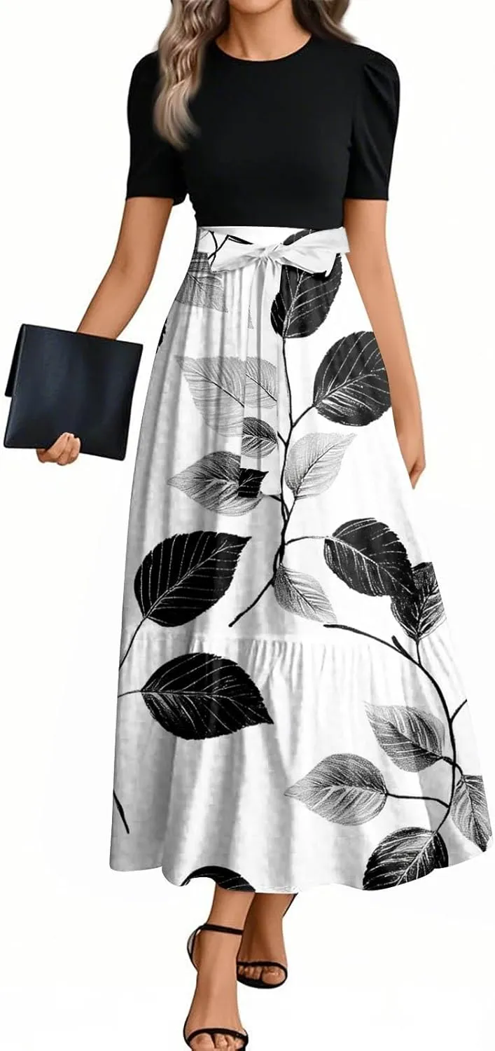 Dresses for Women 2025 Spring Maxi Dress Short Sleeve Crew Neck Empire Waist Dresses Tailored Fit Vacation Dress