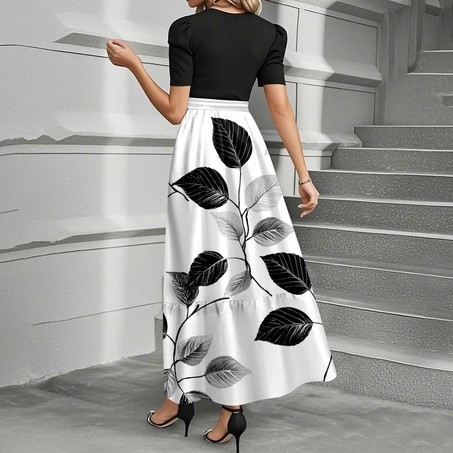 Dresses for Women 2025 Spring Maxi Dress Short Sleeve Crew Neck Empire Waist Dresses Tailored Fit Vacation Dress