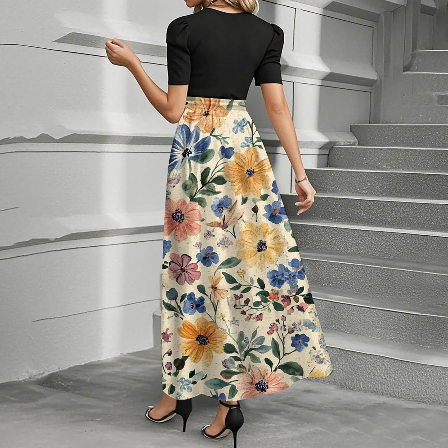 Dresses for Women 2025 Spring Maxi Dress Short Sleeve Crew Neck Empire Waist Dresses Tailored Fit Vacation Dress