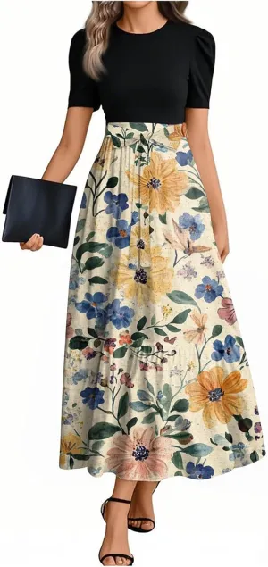 Dresses for Women 2025 Spring Maxi Dress Short Sleeve Crew Neck Empire Waist Dresses Tailored Fit Vacation Dress