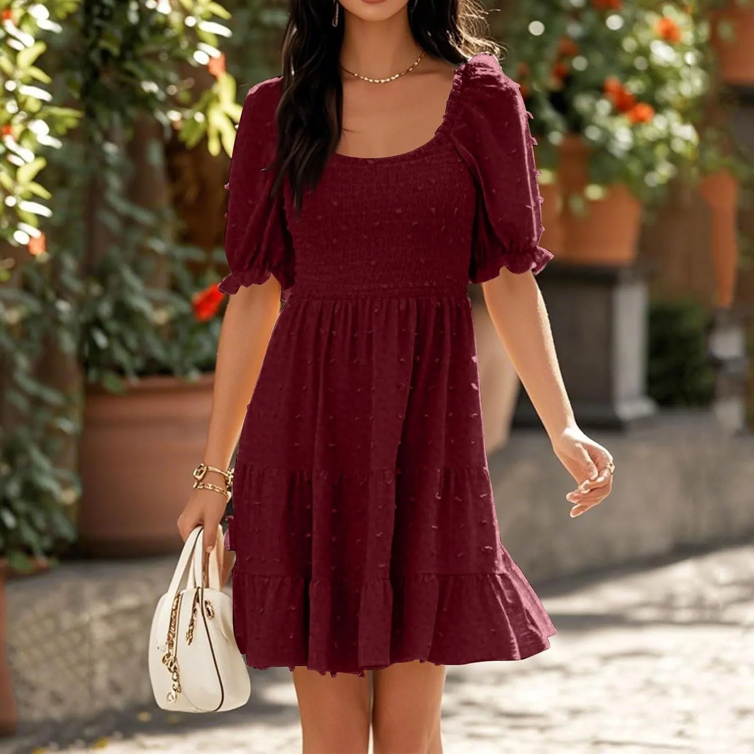 Dresses for Women 2025 Summer Beach Vacation Clothes Spring Short Sleeve U Collar Casual Sundresses