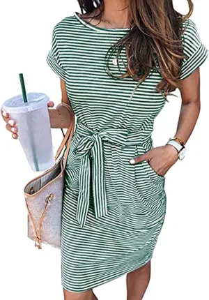 Dresses for Women Short Sleeve Crewneck Midi Tops Dress Summer Fashion Casual Dressy Tie Waist Dresses 2025