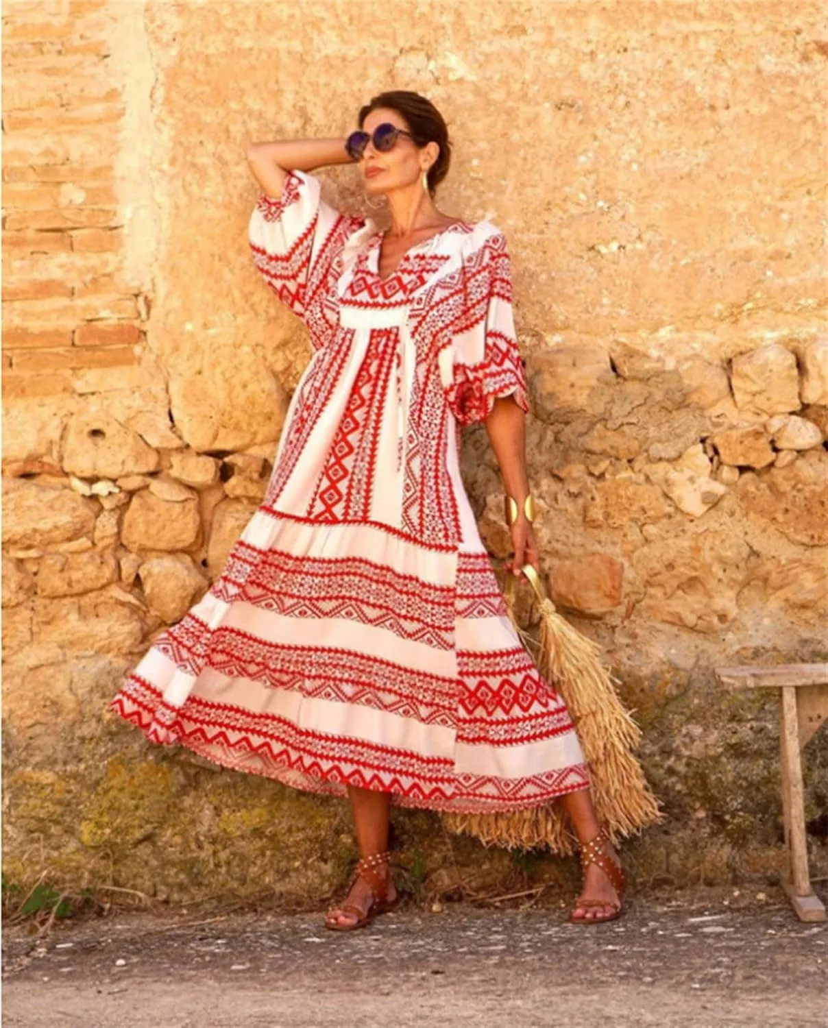Dresses for Women Summer Boho Loose Fit Sundress Puff Half Sleeve V Neck Maxi Dress Printed Floral Dresses 2025