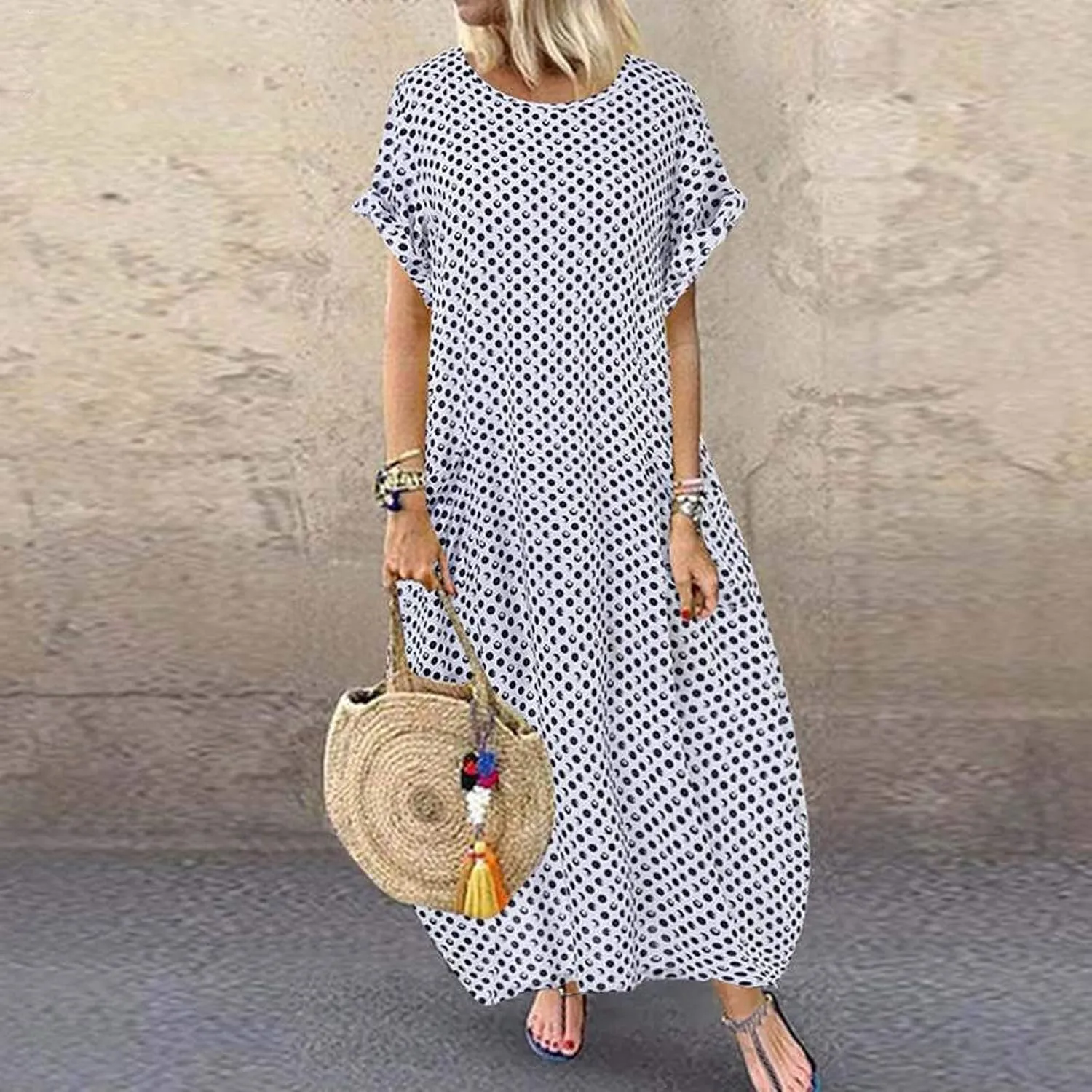 Dresses for Women Summer Dot Printed Short Sleeve Crewneck Sundress Plus Size Loose Fit Maxi Dress 2025