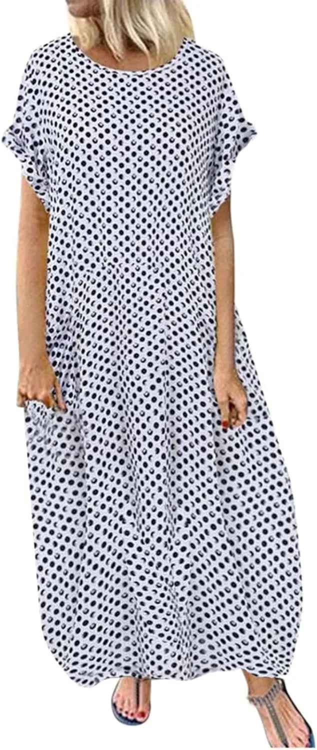 Dresses for Women Summer Dot Printed Short Sleeve Crewneck Sundress Plus Size Loose Fit Maxi Dress 2025