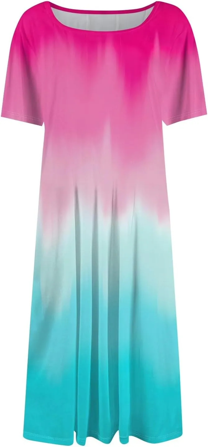 Dresses for Women Summer Short Sleeve Wrap Dress High Waist Floral Dresses Crew Neck Work Midi Dress with Pockets