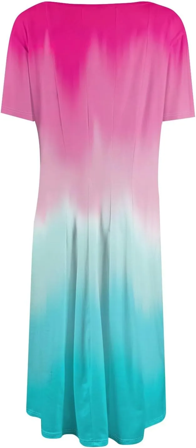 Dresses for Women Summer Short Sleeve Wrap Dress High Waist Floral Dresses Crew Neck Work Midi Dress with Pockets