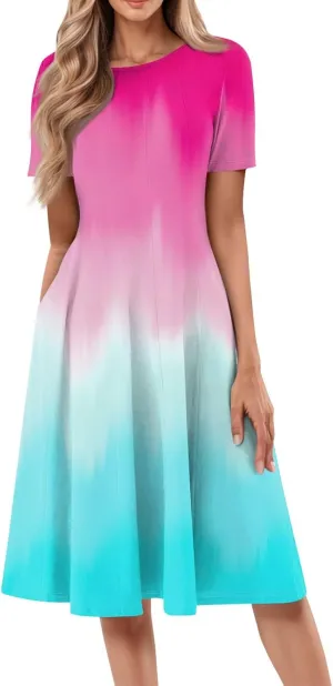 Dresses for Women Summer Short Sleeve Wrap Dress High Waist Floral Dresses Crew Neck Work Midi Dress with Pockets