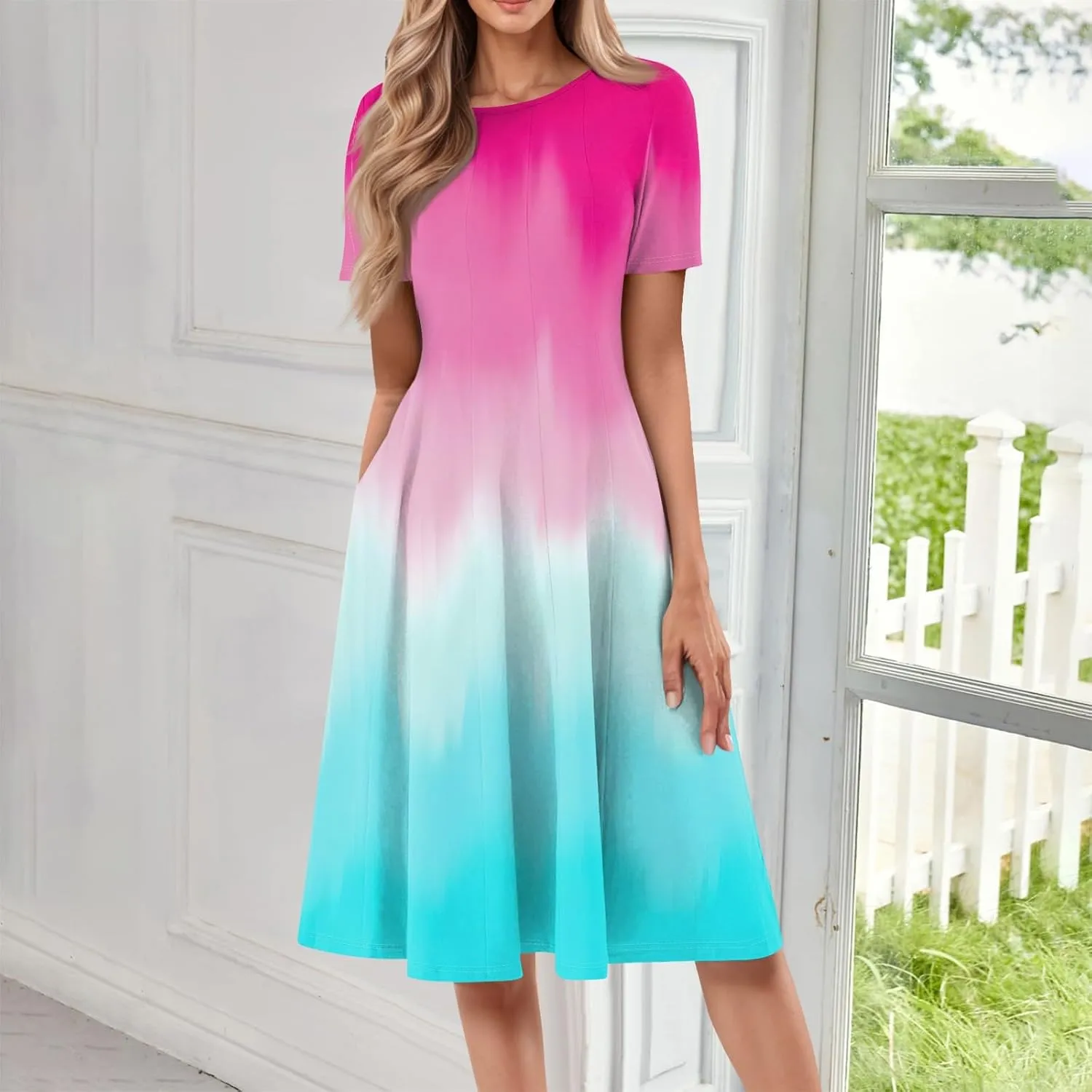 Dresses for Women Summer Short Sleeve Wrap Dress High Waist Floral Dresses Crew Neck Work Midi Dress with Pockets