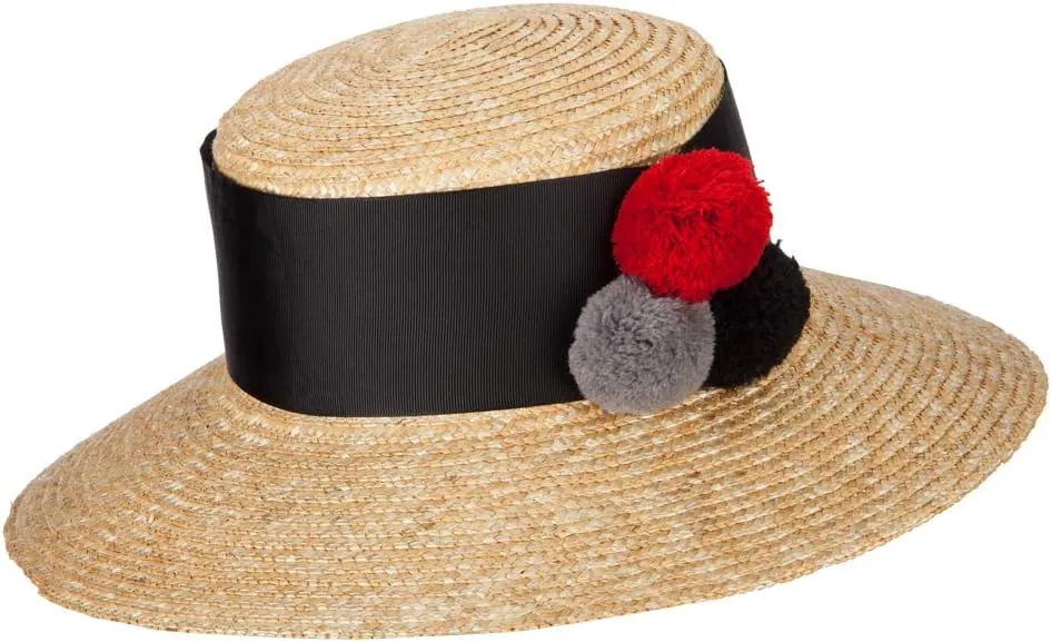 e4Hats.com Women's Straw Wide Band with Pom Pom Accented Boater Hat