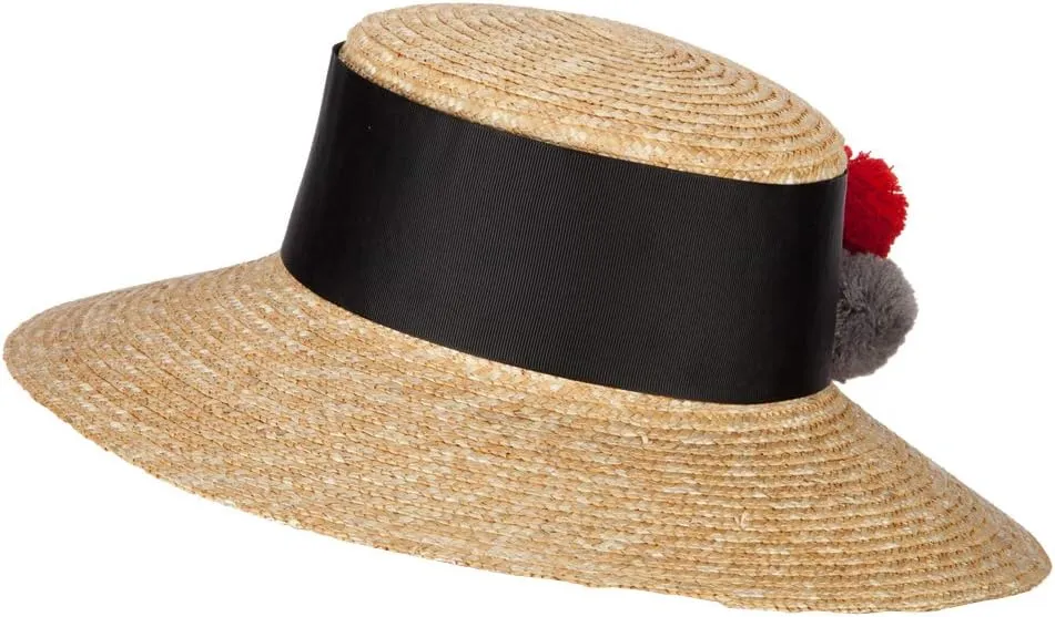 e4Hats.com Women's Straw Wide Band with Pom Pom Accented Boater Hat