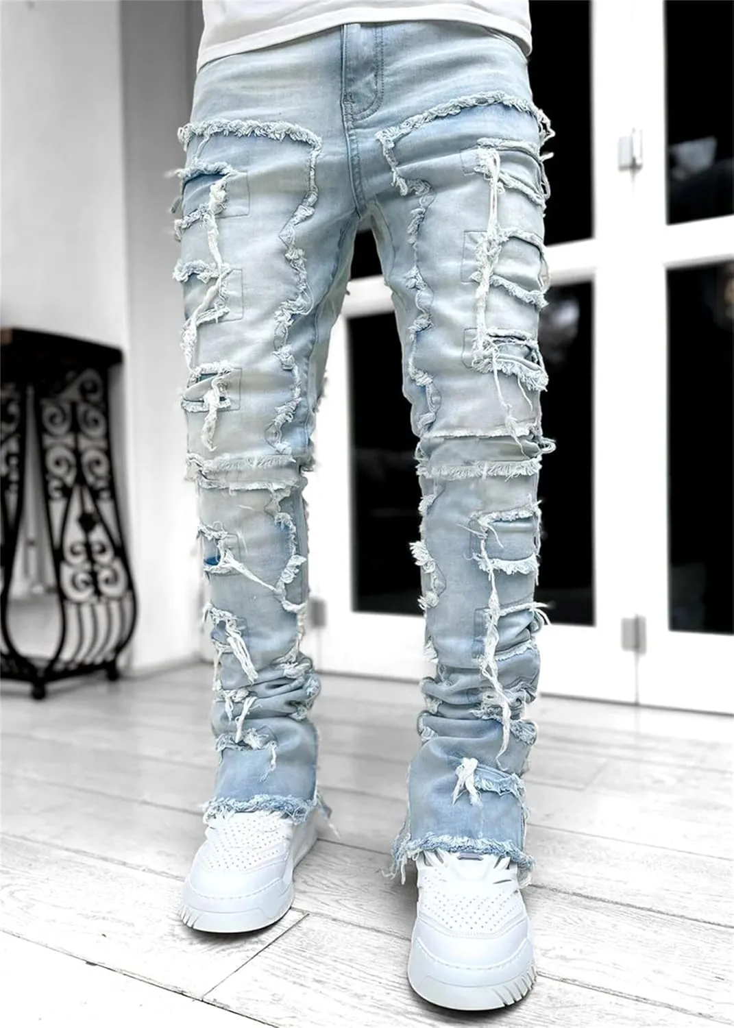 evzosrz Mens Stacked Jeans Frayed Skinny Ripped Jeans Slim Fit Stretch Distressed Destroyed Denim Pants Trousers Streetwear