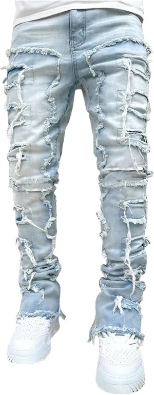 evzosrz Mens Stacked Jeans Frayed Skinny Ripped Jeans Slim Fit Stretch Distressed Destroyed Denim Pants Trousers Streetwear