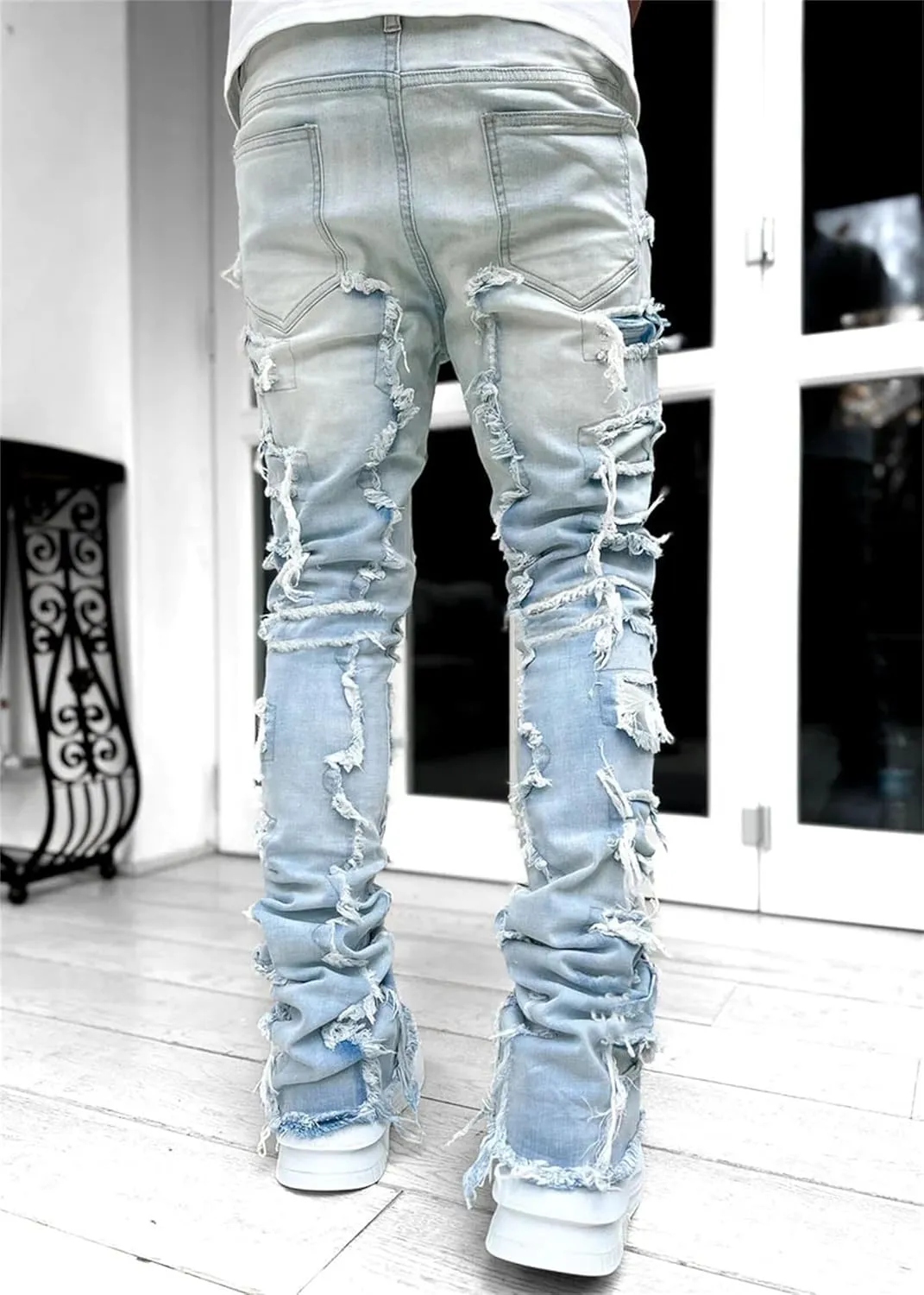 evzosrz Mens Stacked Jeans Frayed Skinny Ripped Jeans Slim Fit Stretch Distressed Destroyed Denim Pants Trousers Streetwear