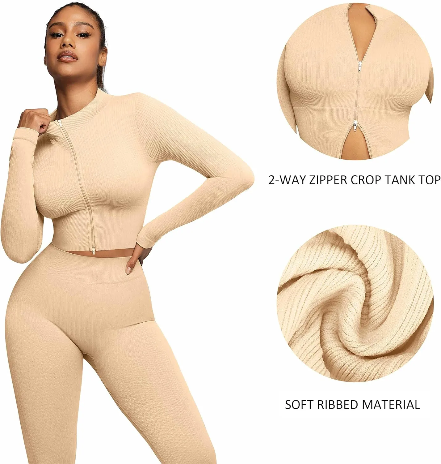 FeelinGirl Workout Sets for Women 2 Piece Gym Outfits High Waist Yoga Leggings and Long Sleeve Crop Top with Zipper