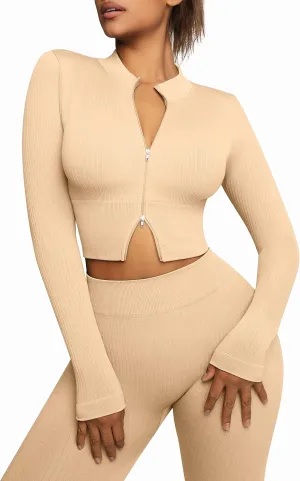 FeelinGirl Workout Sets for Women 2 Piece Gym Outfits High Waist Yoga Leggings and Long Sleeve Crop Top with Zipper