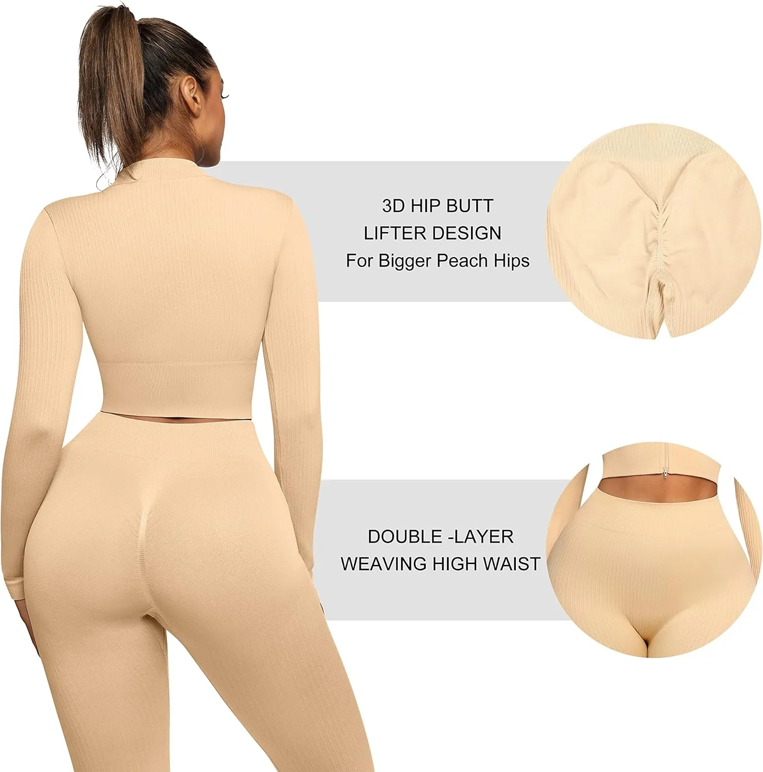 FeelinGirl Workout Sets for Women 2 Piece Gym Outfits High Waist Yoga Leggings and Long Sleeve Crop Top with Zipper