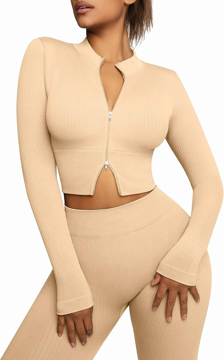FeelinGirl Workout Sets for Women 2 Piece Gym Outfits High Waist Yoga Leggings and Long Sleeve Crop Top with Zipper