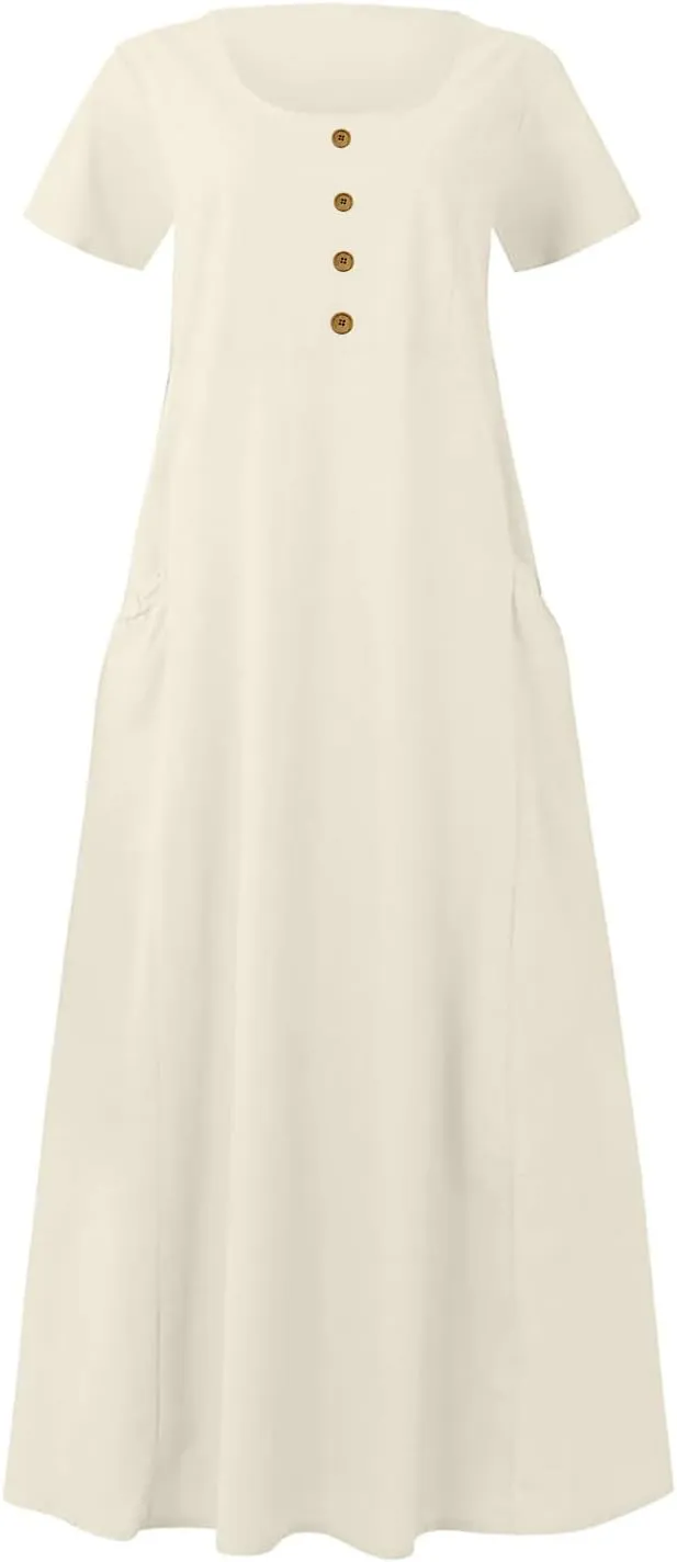 Finelylove Womens Cotton Linen Long Dress Short Sleeve Loose Flowy Dress Casual Midi Summer Beach Sundress with Pockets