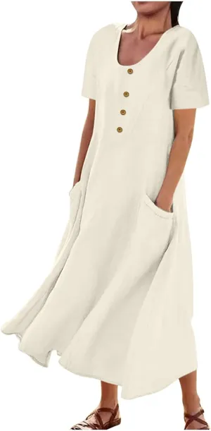Finelylove Womens Cotton Linen Long Dress Short Sleeve Loose Flowy Dress Casual Midi Summer Beach Sundress with Pockets
