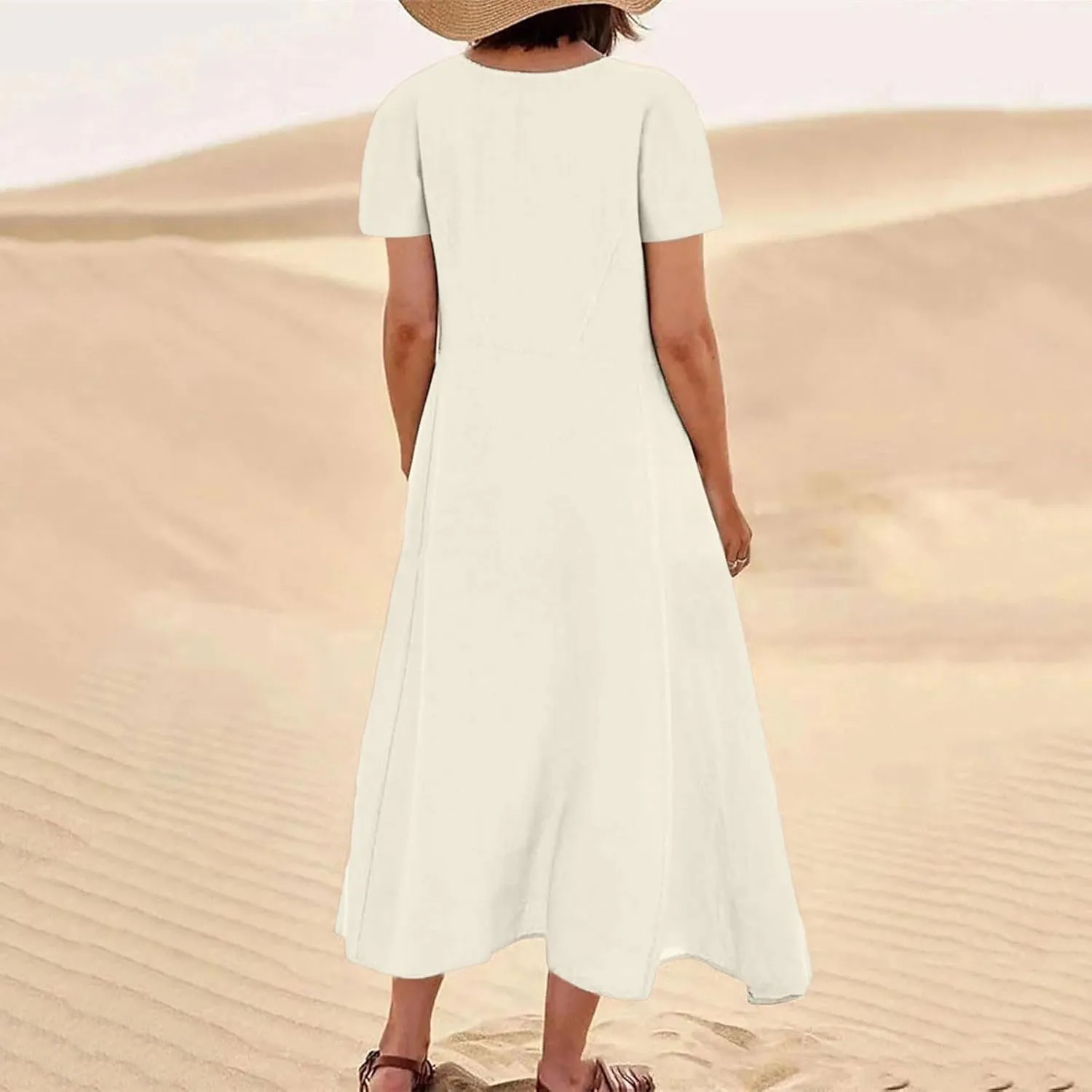 Finelylove Womens Cotton Linen Long Dress Short Sleeve Loose Flowy Dress Casual Midi Summer Beach Sundress with Pockets