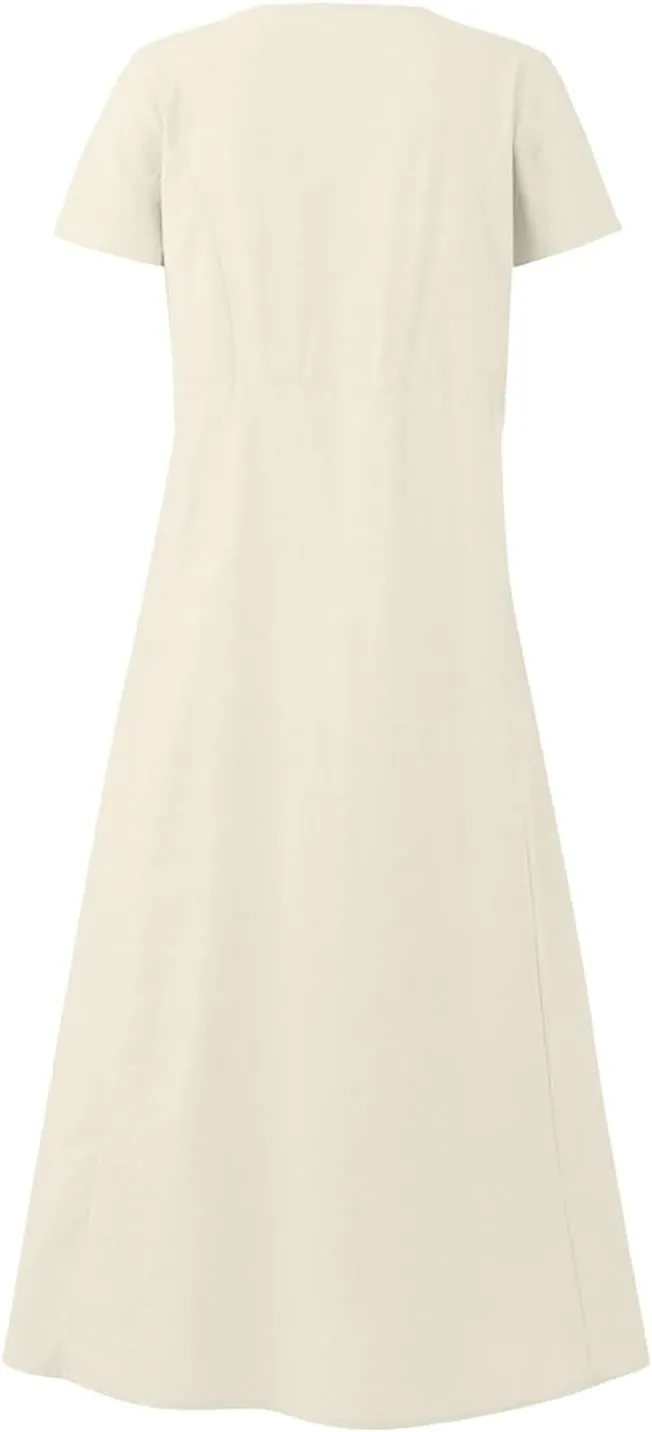 Finelylove Womens Cotton Linen Long Dress Short Sleeve Loose Flowy Dress Casual Midi Summer Beach Sundress with Pockets